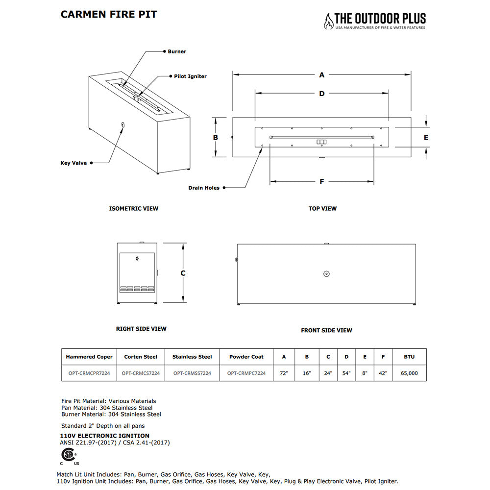 Gas fire pit diagram with parts labels and dimensions