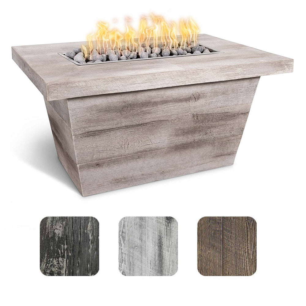 Rectangular wood-grain concrete gas fire pit with flames, light gray finish