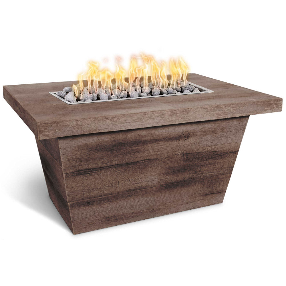 Rectangular wood-grain concrete gas fire pit with flames, warm brown finish