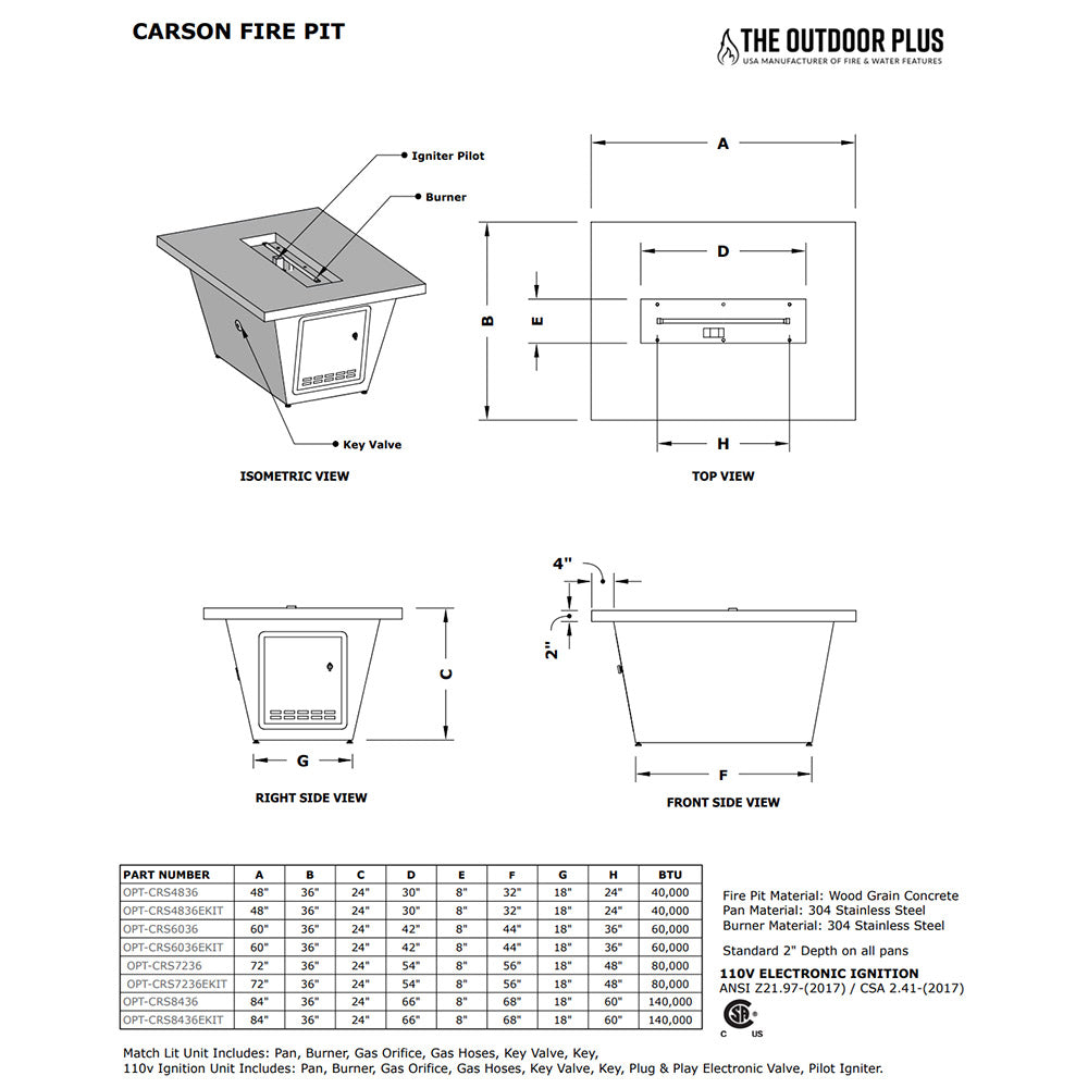 Carson gas fire pit diagram with labeled views and dimensions