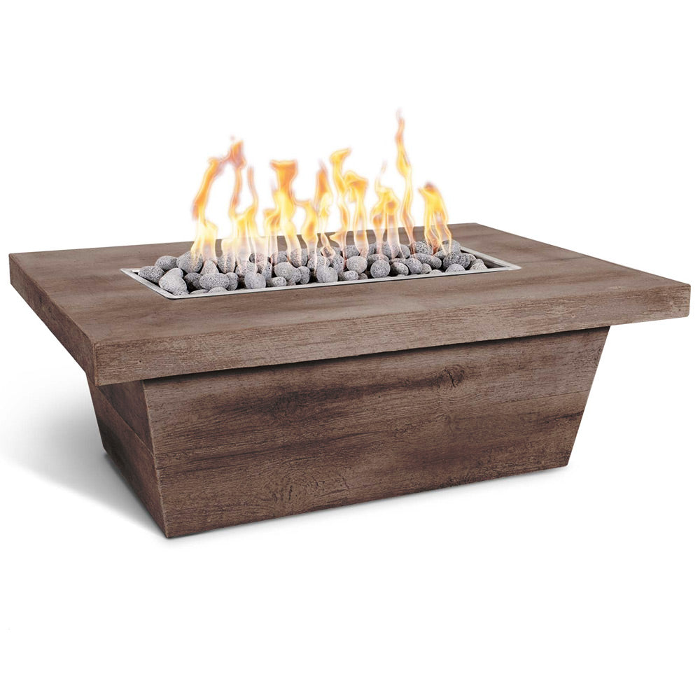 Wood grain concrete gas fire pit in warm brown with flames and lava rocks