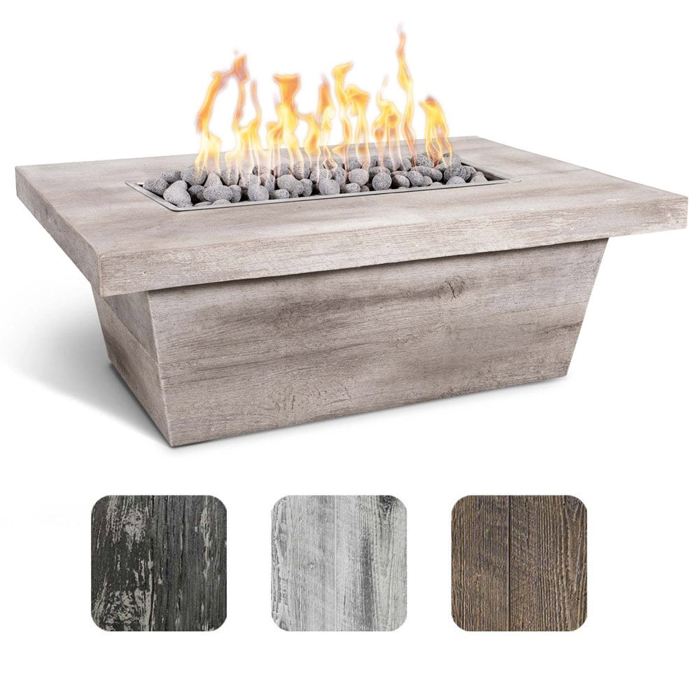 Wood grain concrete gas fire pit with flame and black lava rocks