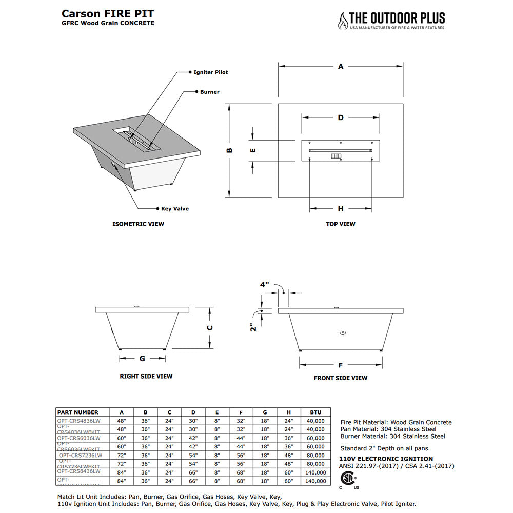Carson fire pit diagram with dimensions and labeled parts