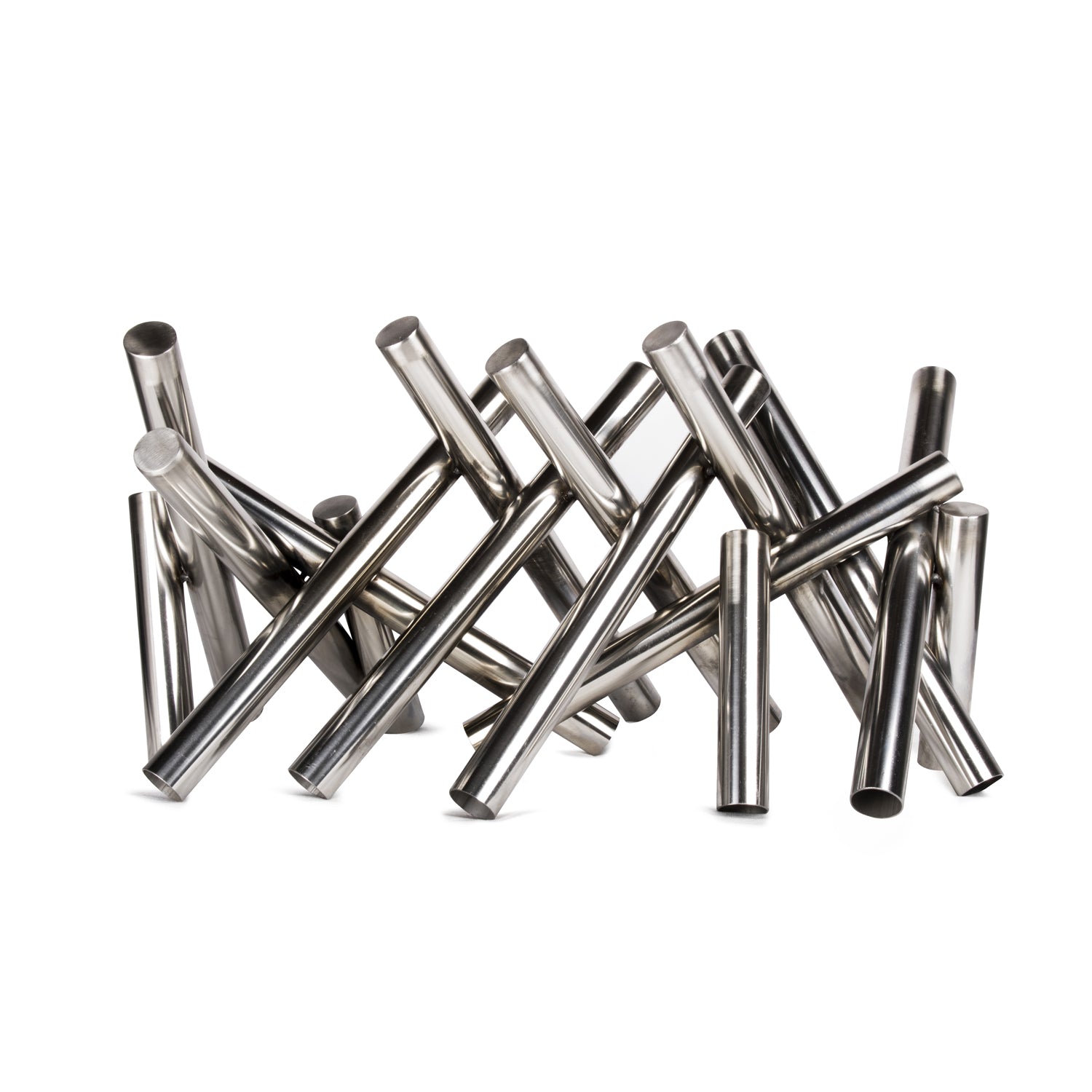 Polished stainless steel fire log set of metallic cylinders, standing in a cluster