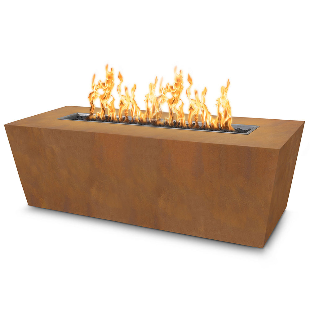 Corten steel linear gas fire pit table with flames rising from rectangular burner