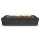 Wood grain fire pit with open center burner, dark gray/black concrete finish.