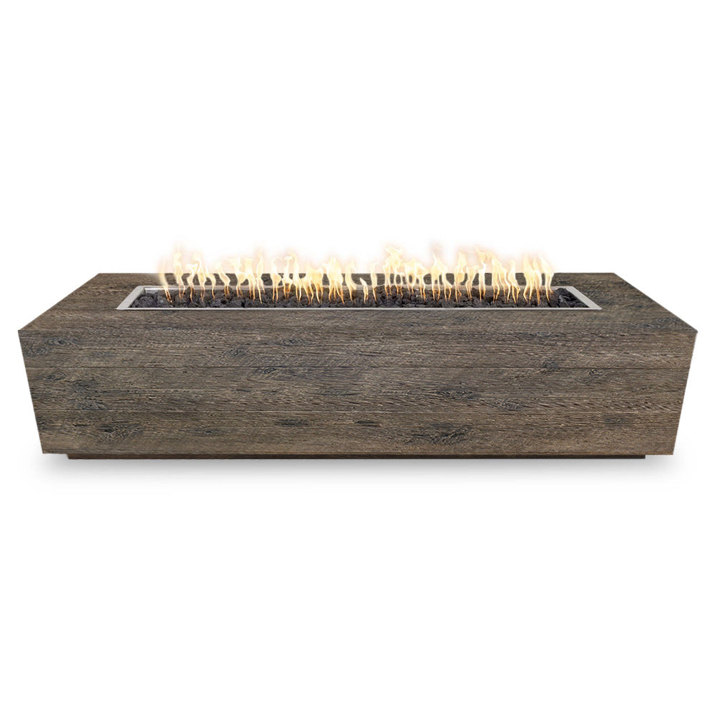 Dark wood-grain concrete fire pit with rectangular burner opening and flames