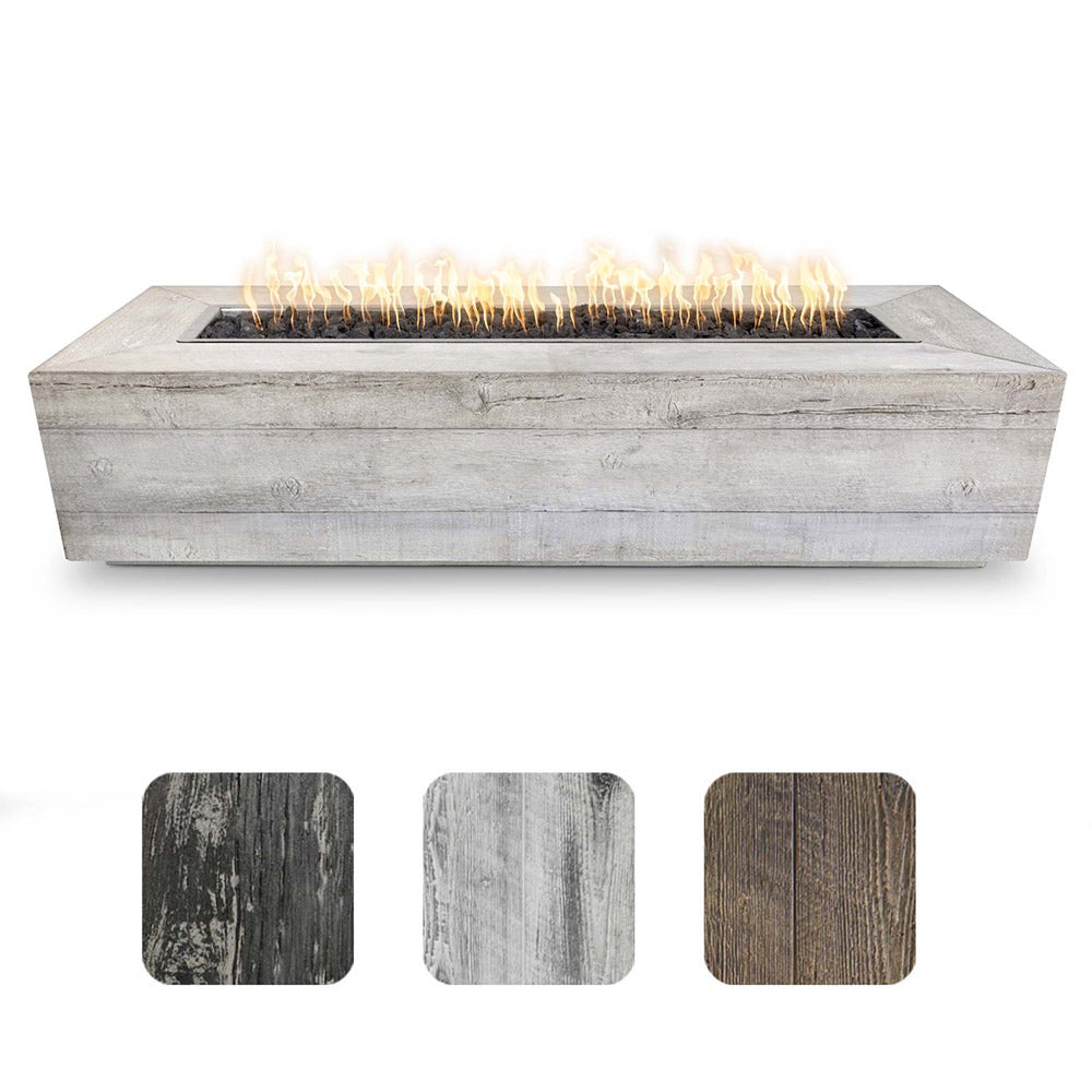96-inch outdoor fire pit with light gray wood-grain concrete finish and open burner tray