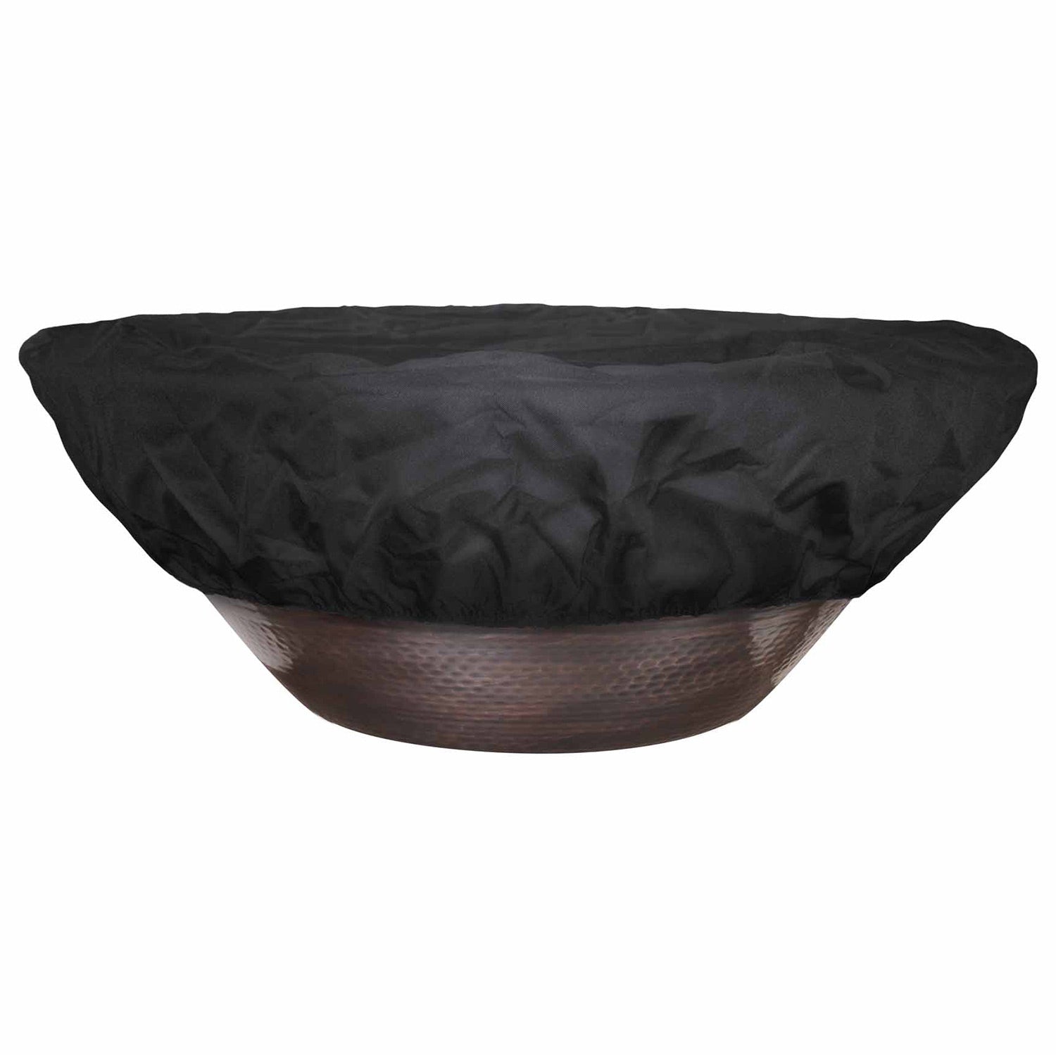 24-inch round bowl fire pit cover in dark canvas fabric, snug over bowl shape.
