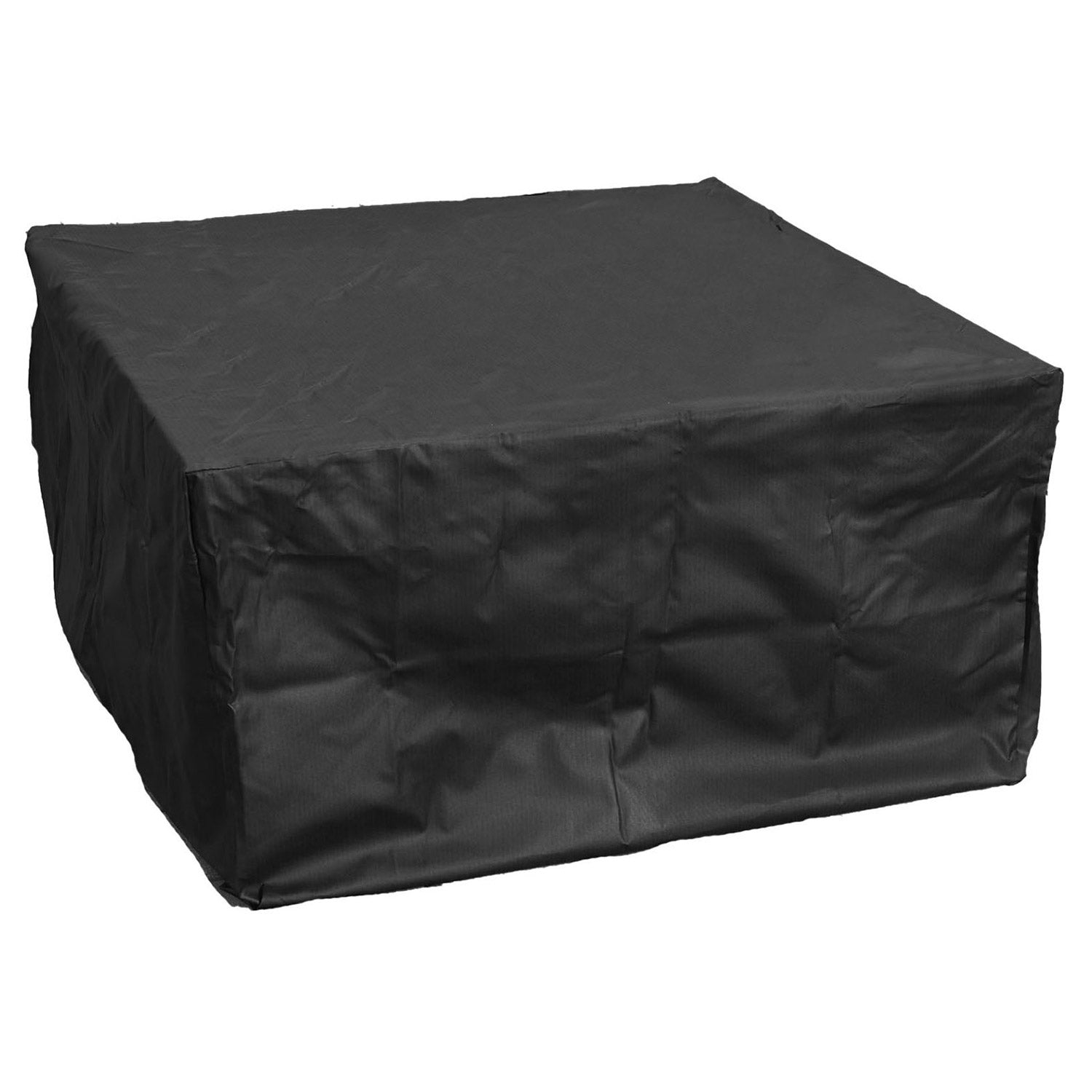 Square fire pit cover in dark fabric, fitted over a low box shape