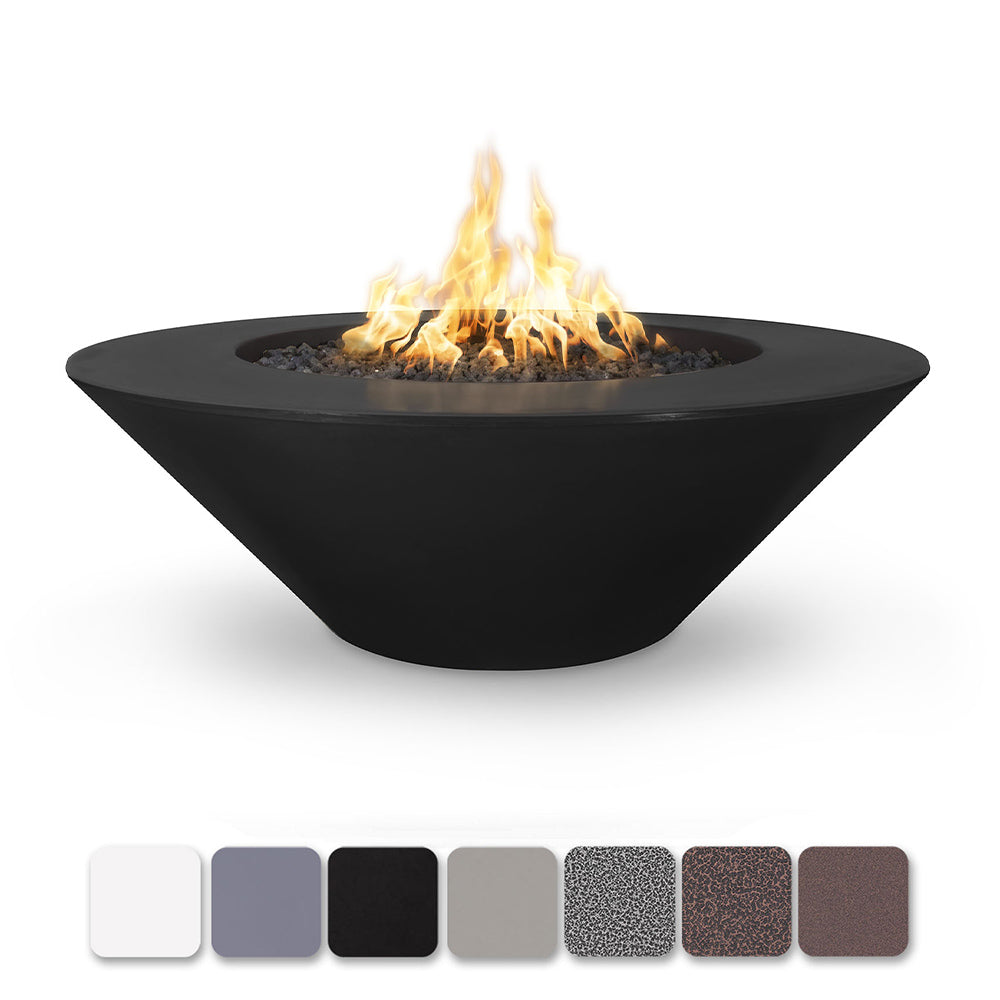Black powder-coated steel gas fire pit with round wide ledge and visible flames