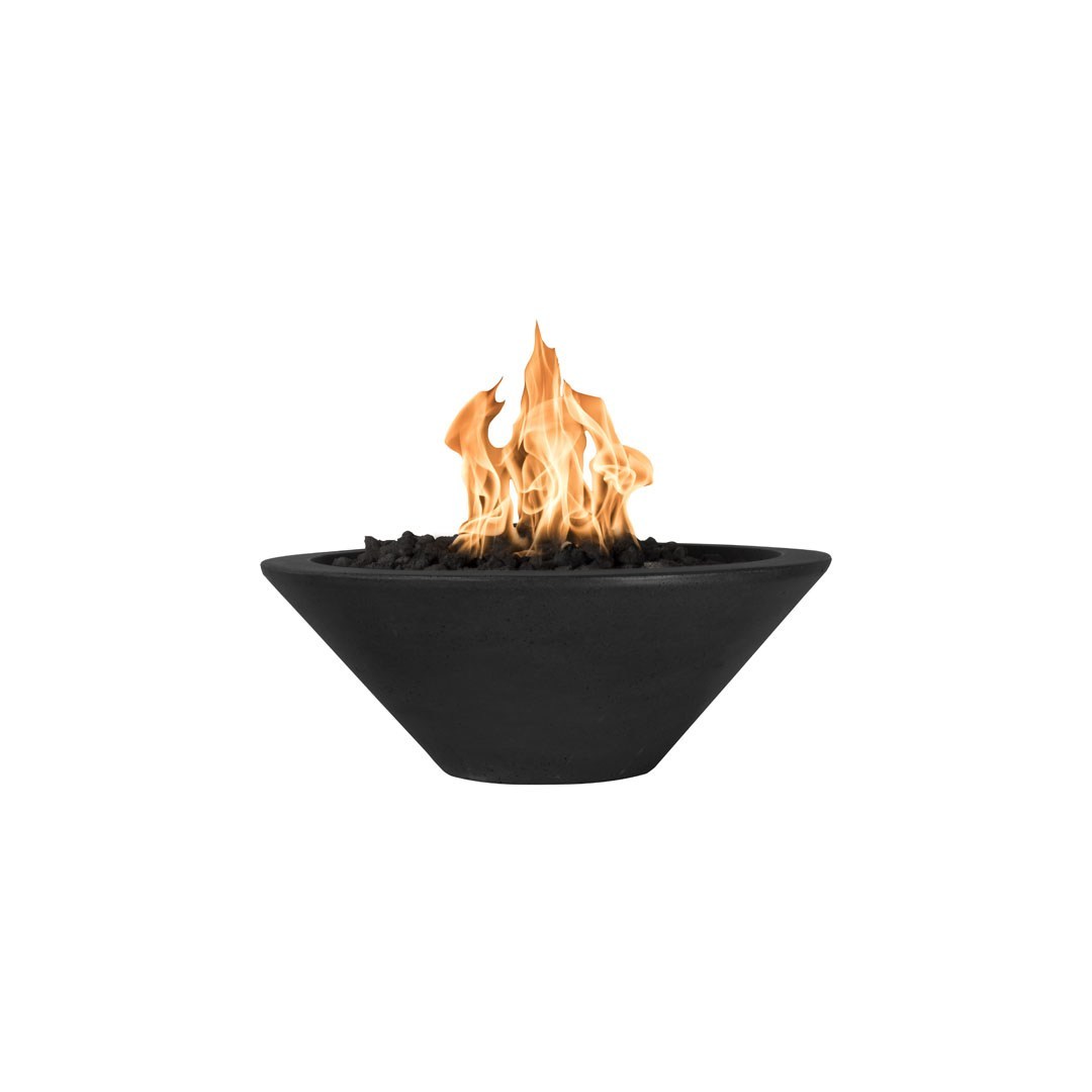 Gas fire bowl in black with burning flames and charcoal rocks