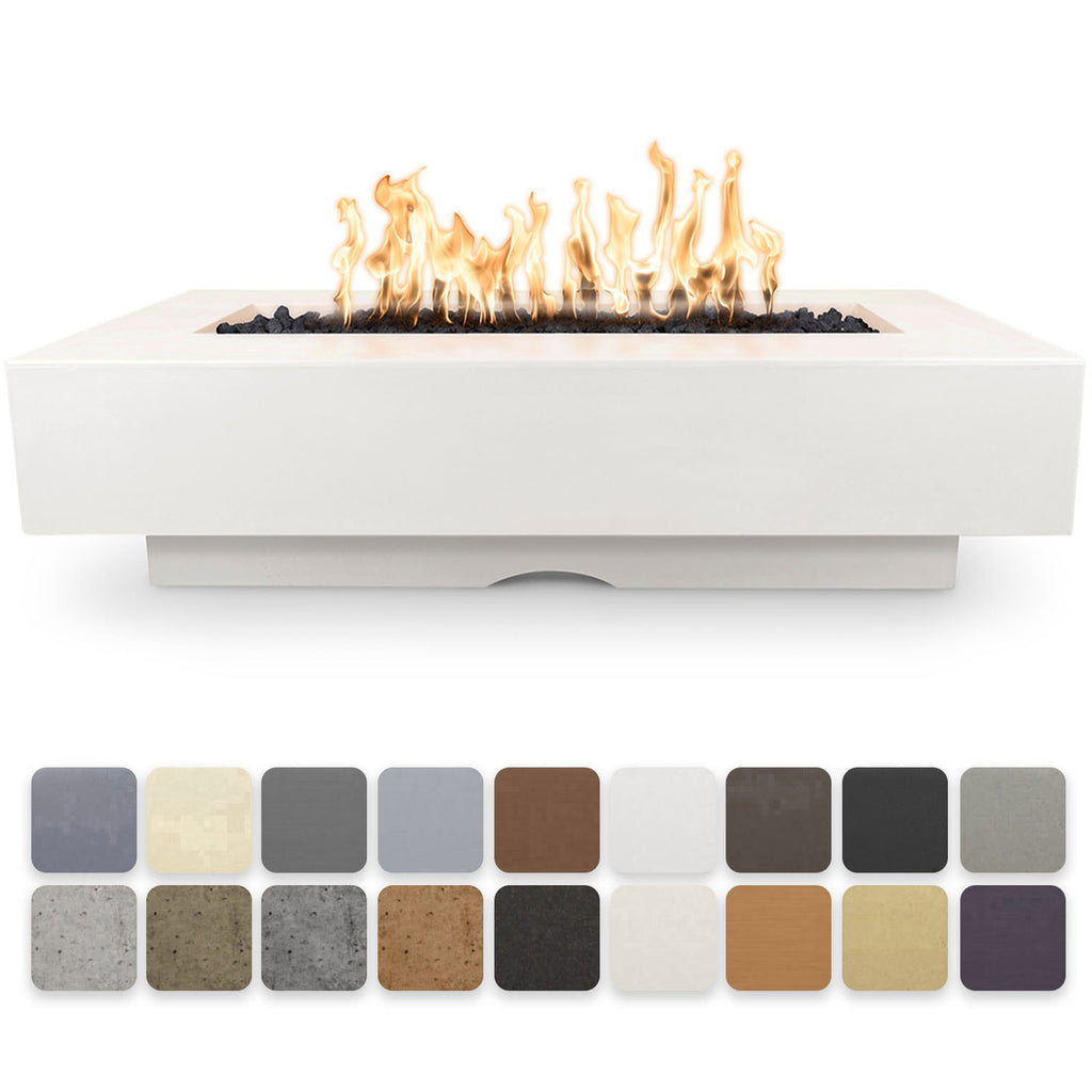 White linear concrete gas fire pit with active flames in the rectangular burner opening.