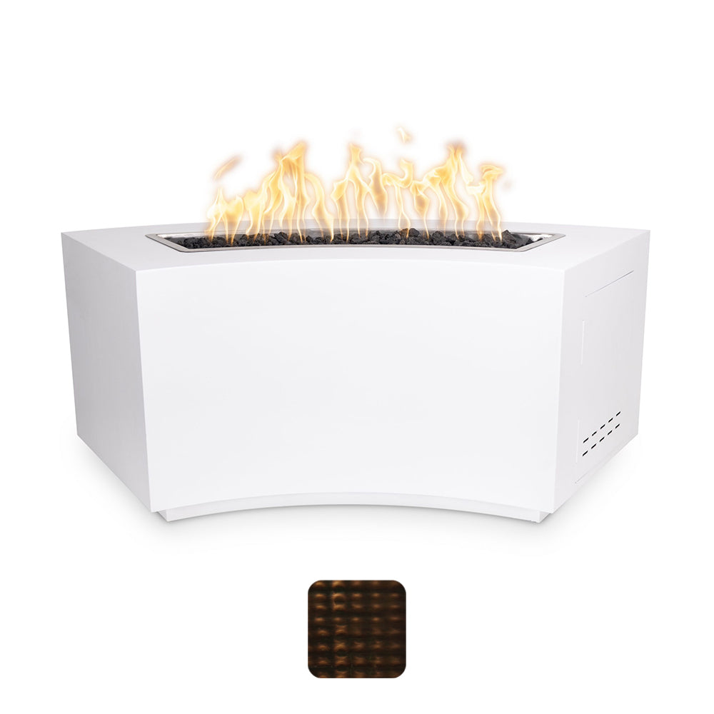 White linear gas fire pit with open burner grate and visible orange flames