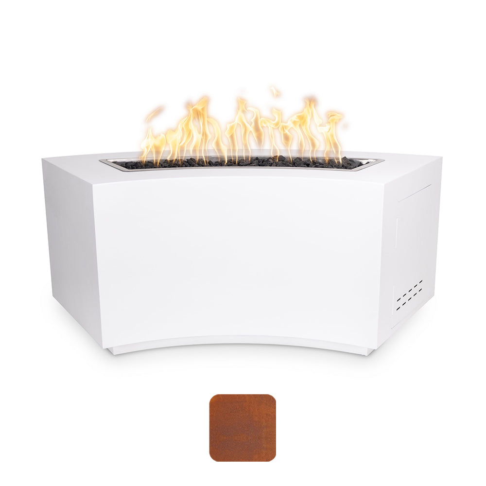 White linear gas fire pit with open burner and visible flames