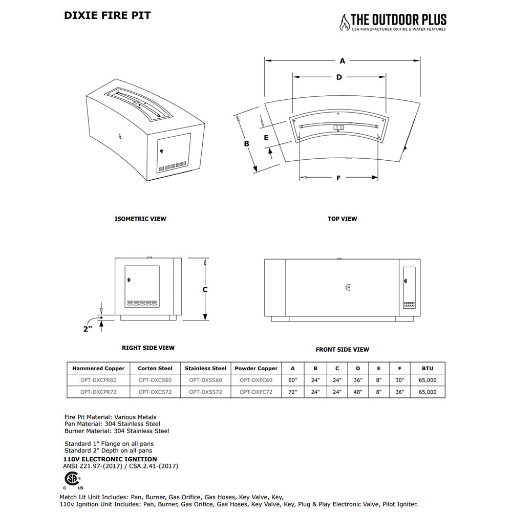 Technical diagram of a gas fire pit showing top, side, and isometric views