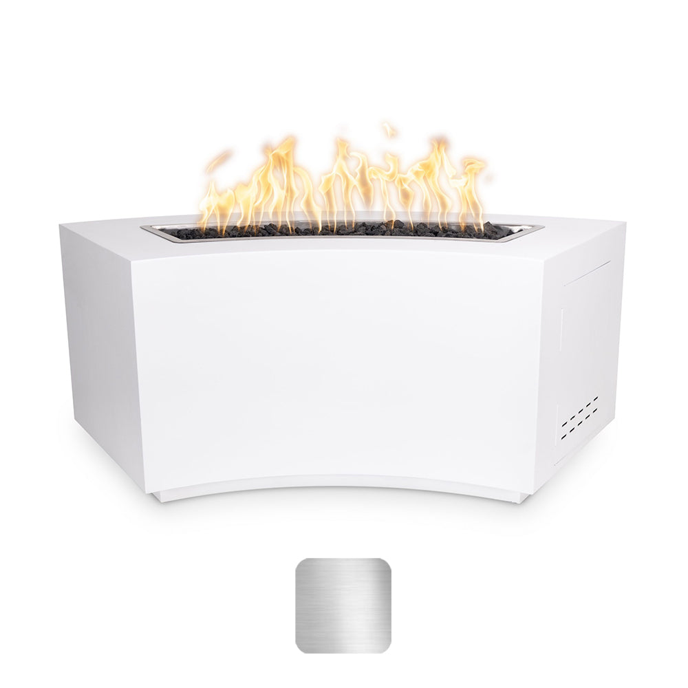White linear gas fire pit with open flame