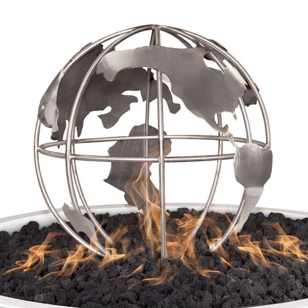 Stainless steel gas fire globe burner with central flame and protective grate