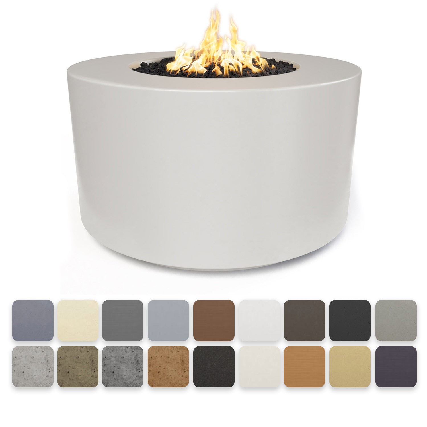 Round light-gray concrete gas fire pit with visible flames in the center