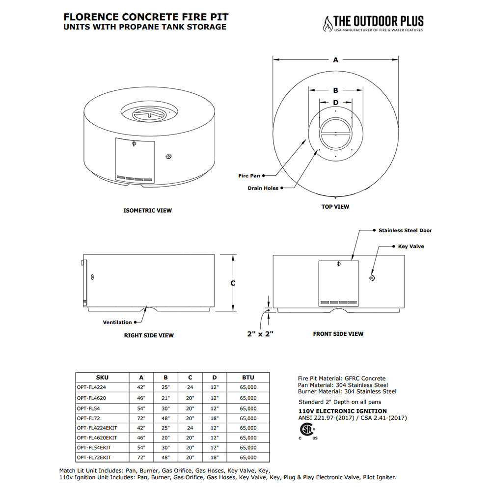 Dimension diagram of a round concrete gas fire pit with propane tank storage
