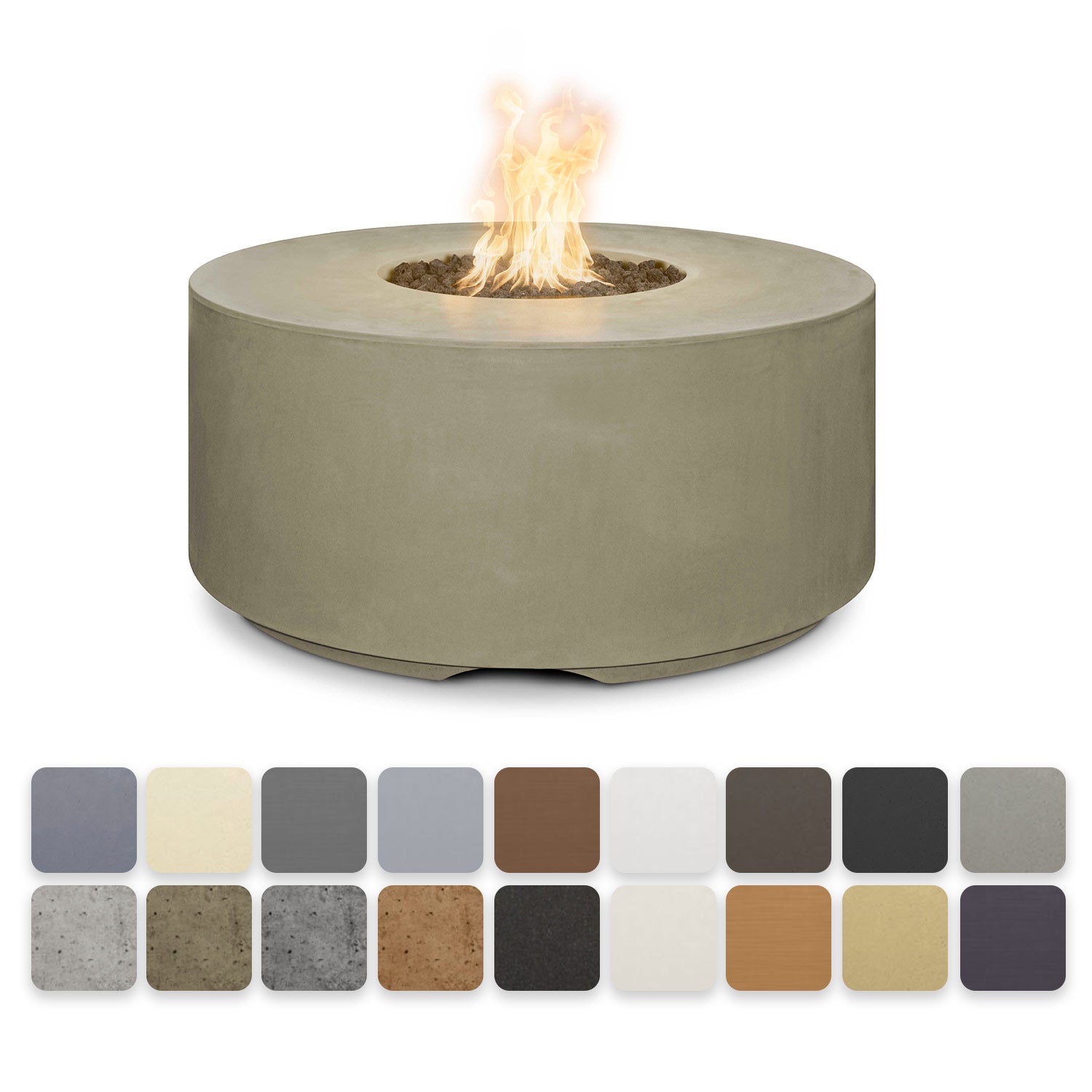Round concrete gas fire pit with flame, light gray stone finish, wide bowl.