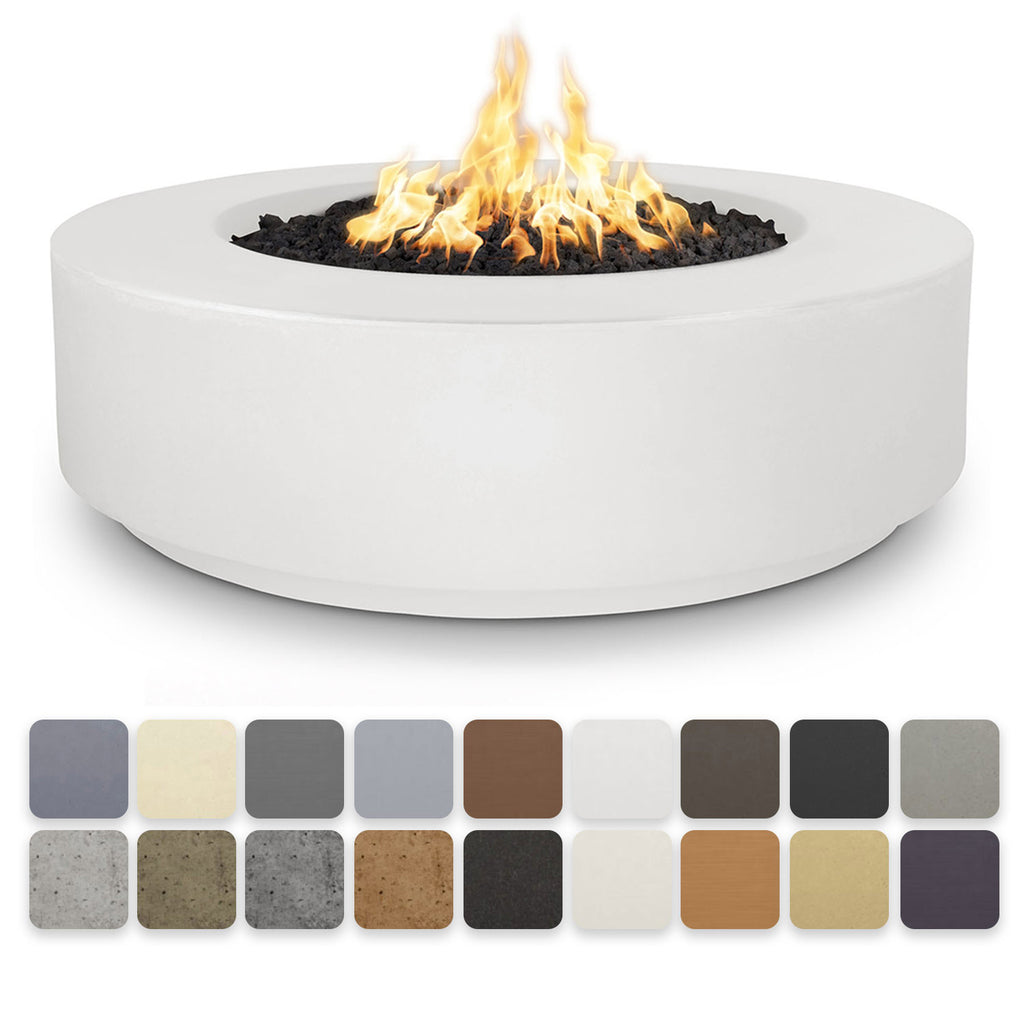 Low profile concrete gas fire pit with flames in black burner pan
