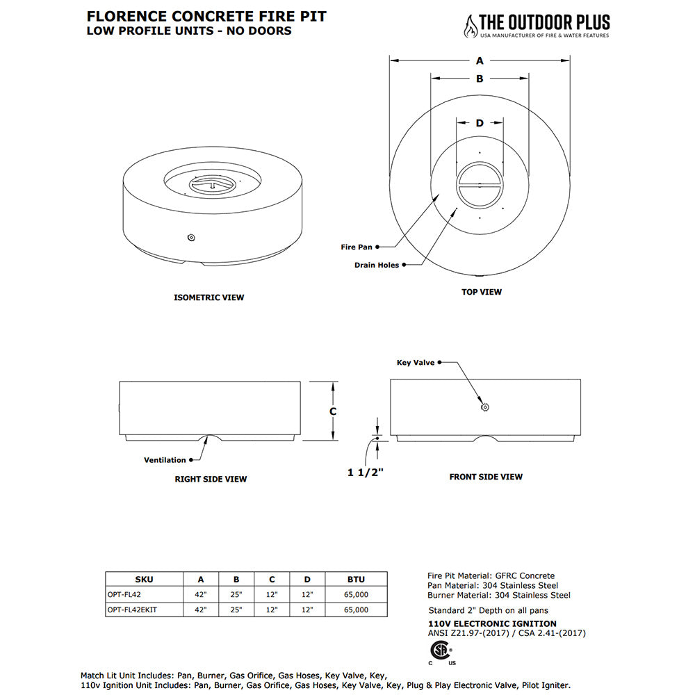Low profile concrete gas fire pit diagram with dimensions and components