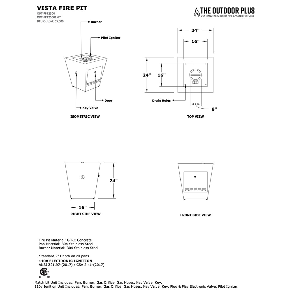 Vista fire pit line diagram with labeled dimensions and burner control parts