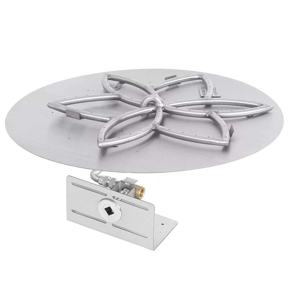 Gas fire pit burner kit with round burner pan and lotus burner, plus ignition valve assembly