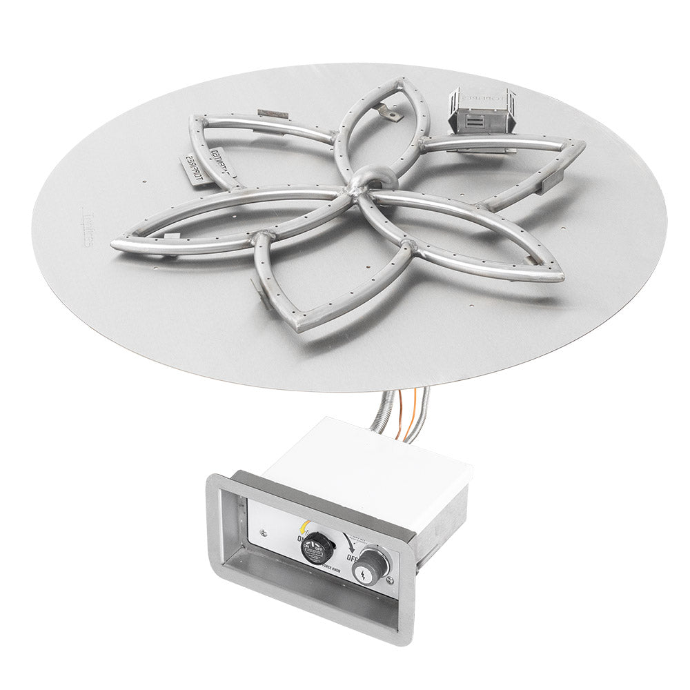 Gas fire pit burner kit with lotus flower burner on round pan and ignition valve box