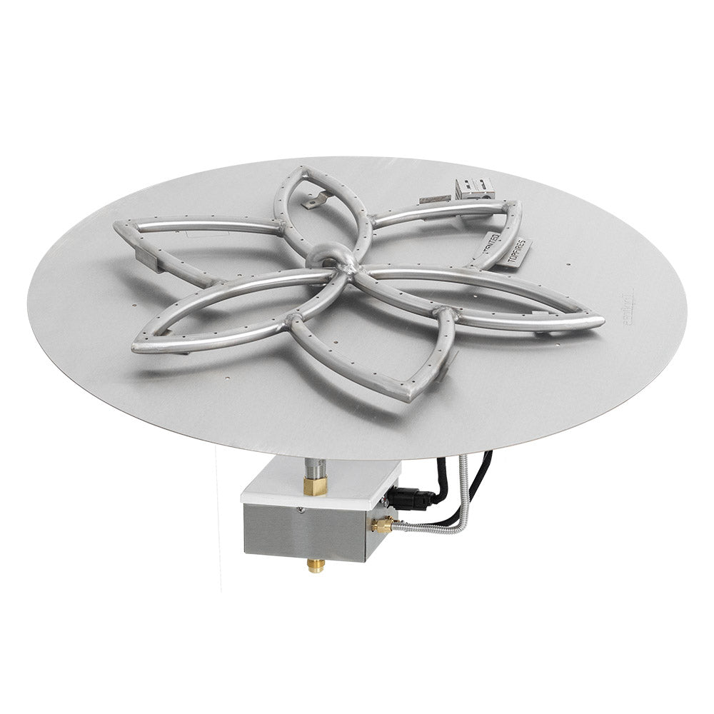 Round gas fire pit burner pan with lotus-style burner ring and ignition box
