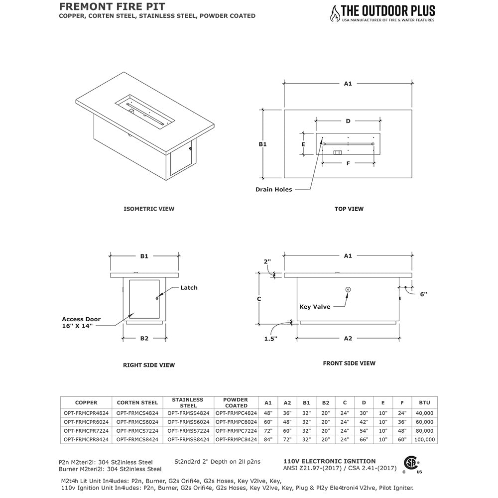 Gas fire pit dimension diagram showing top and side views