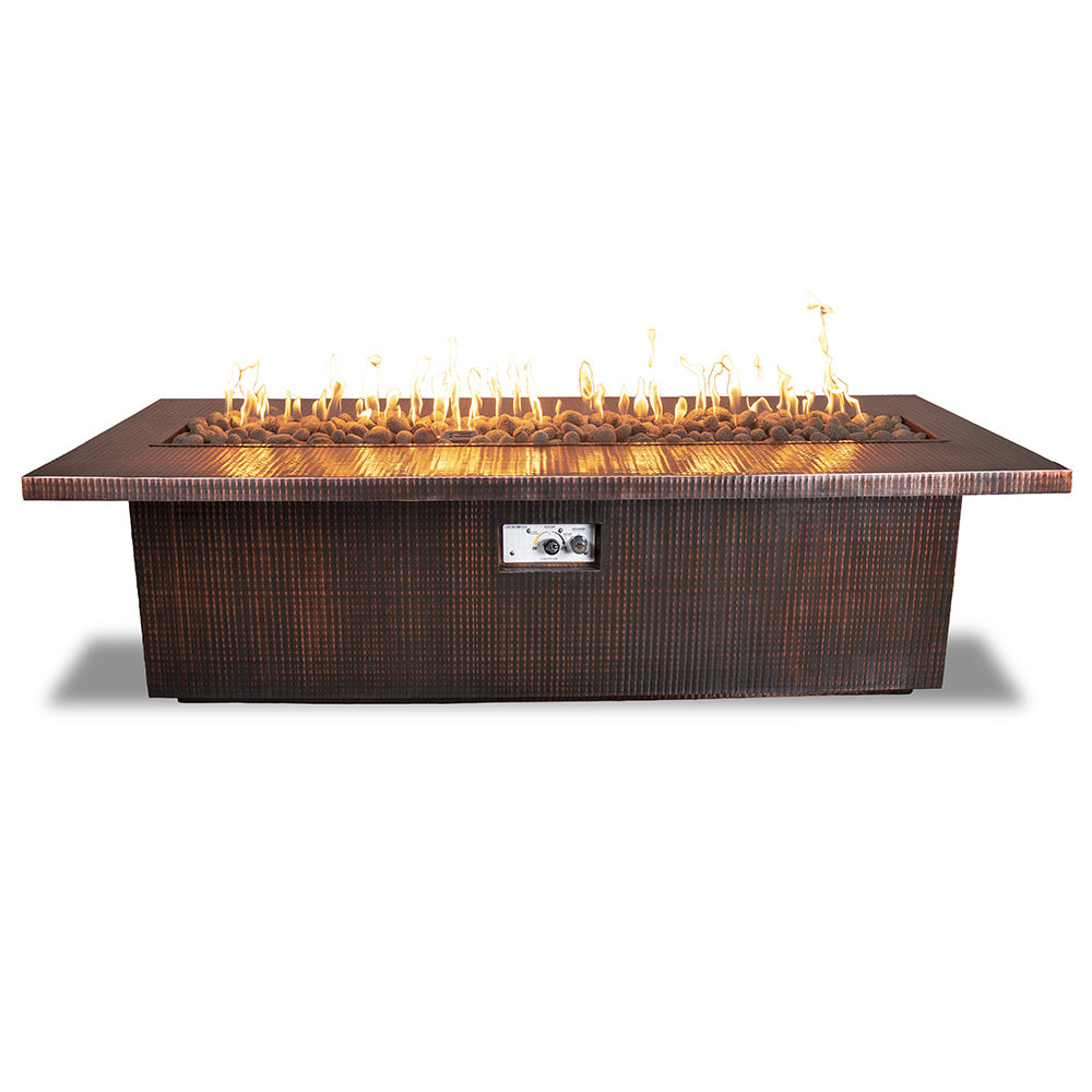 Copper linear gas fire pit with flames and control panel on rectangular firebox