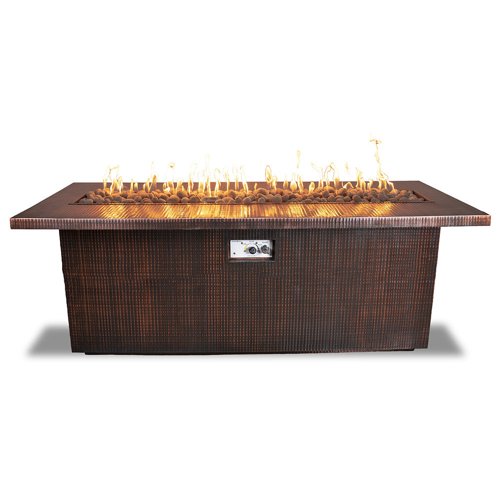 Rectangular linear copper gas fire pit with flames and front control panel