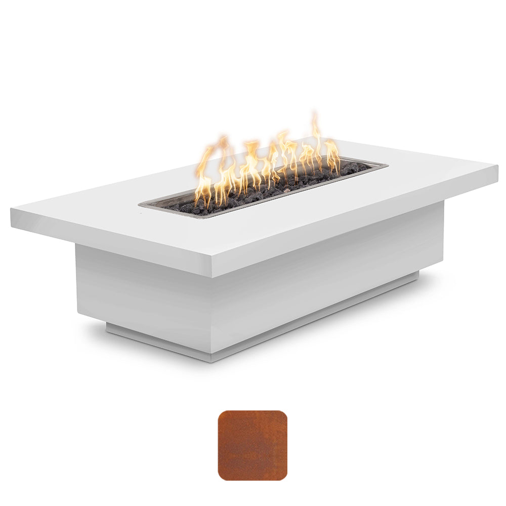 Rectangular linear gas fire pit with flames in a recessed burner, gray steel body