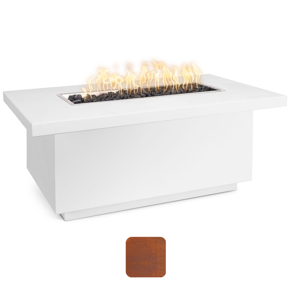 Rectangular gas fire pit with white firebox and visible flames