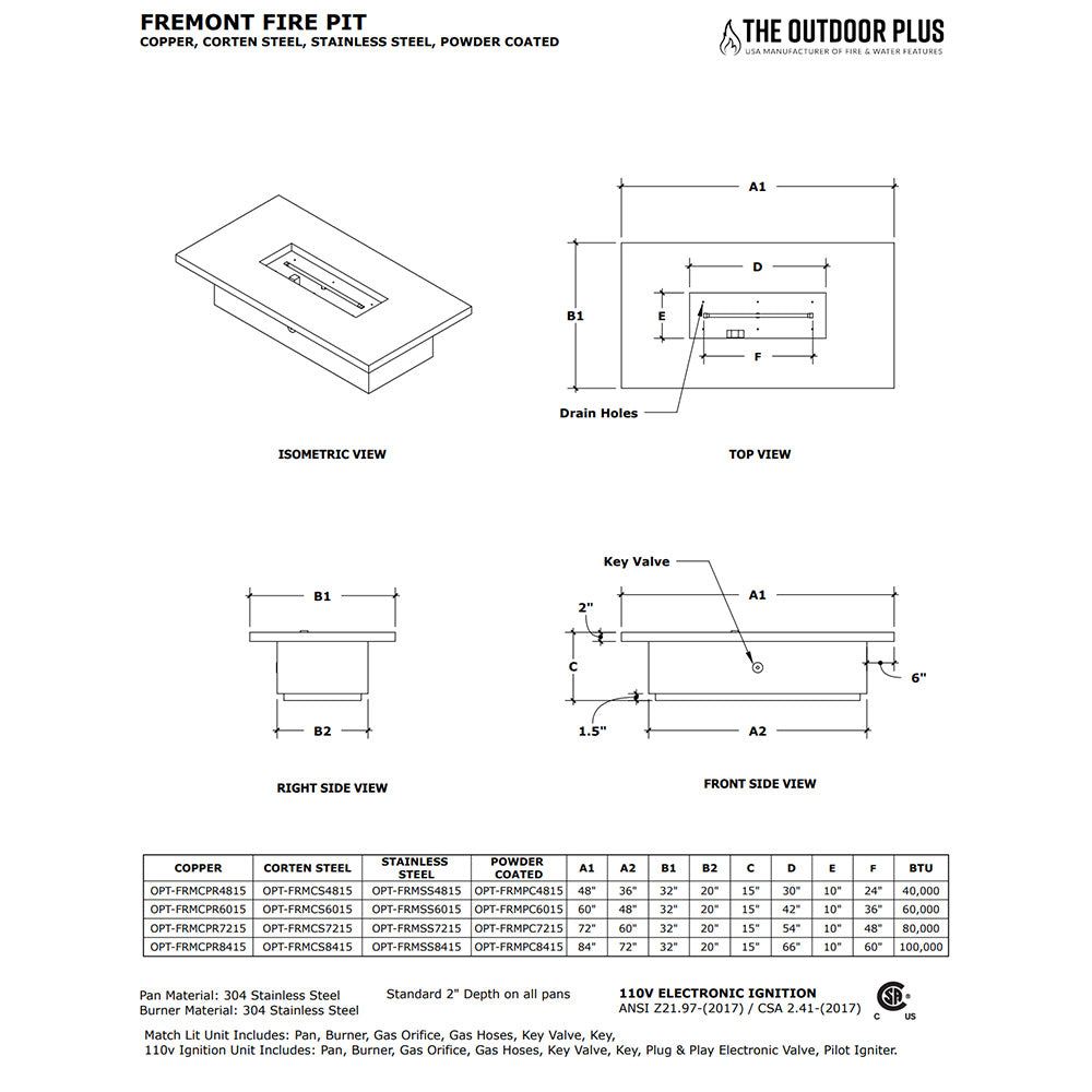 Fremont gas fire pit dimension diagram with key valve and side view measurements