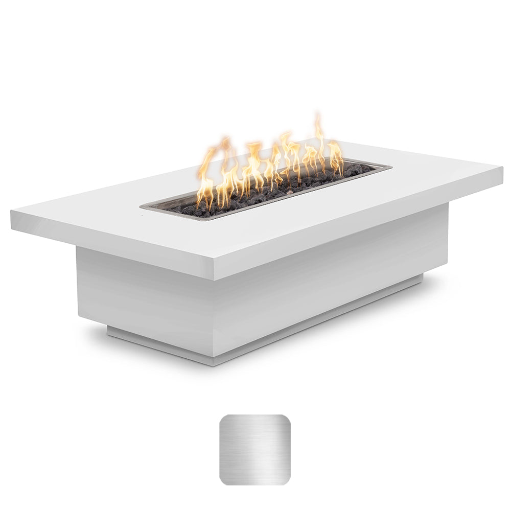 Linear stainless steel gas fire pit with rectangular burner opening and visible flames