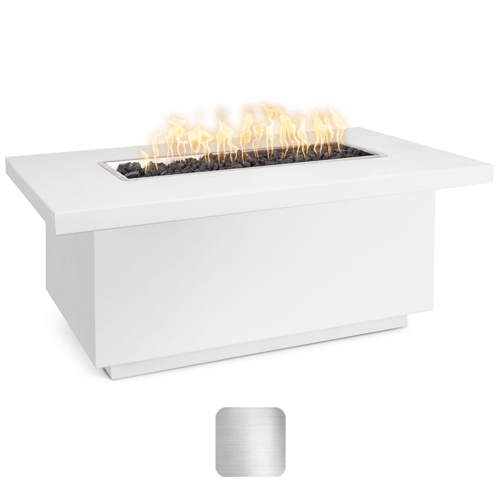 Linear gas fire pit with stainless steel frame and rectangular burner with flames