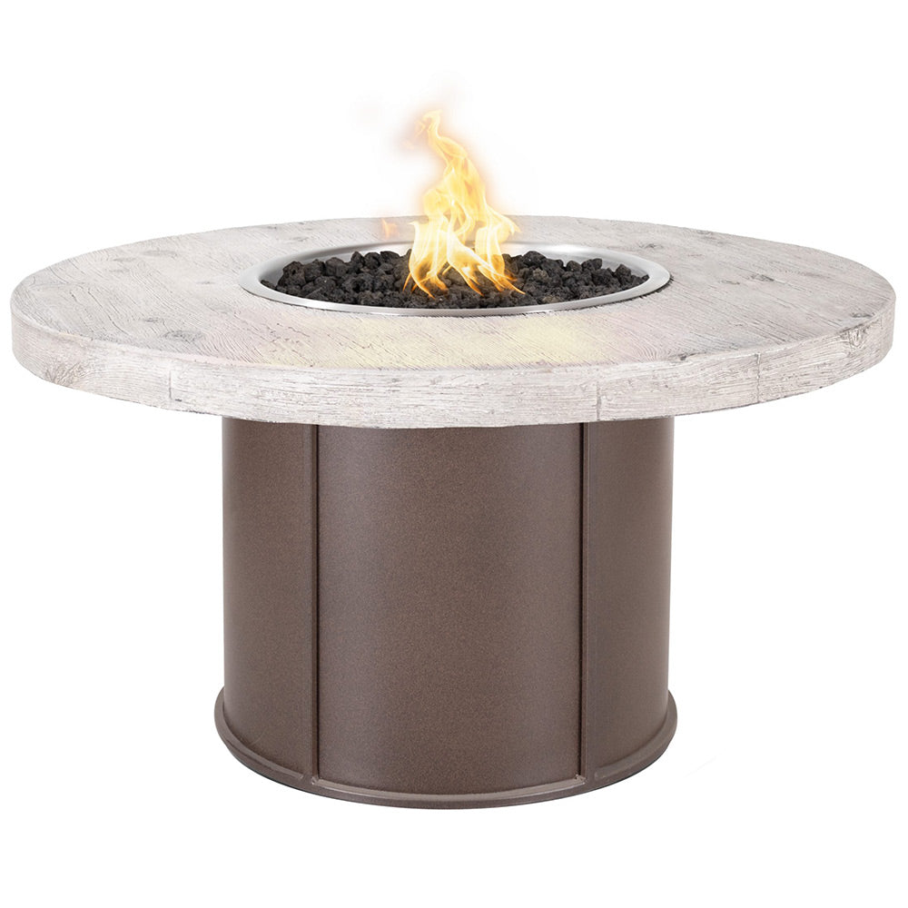 43-inch round gas fire table with gray wood-grain top and bronze-brown base