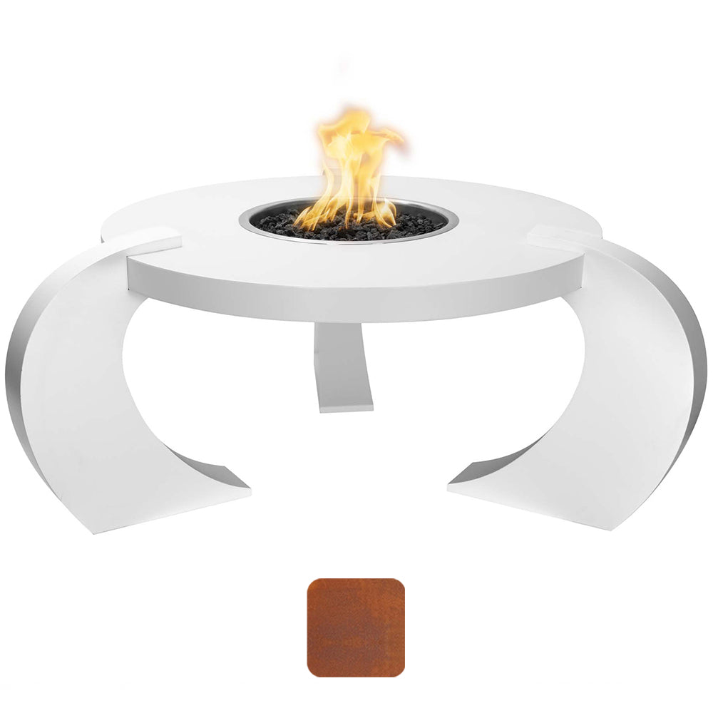 Round corten steel gas fire table with central burner and visible flame