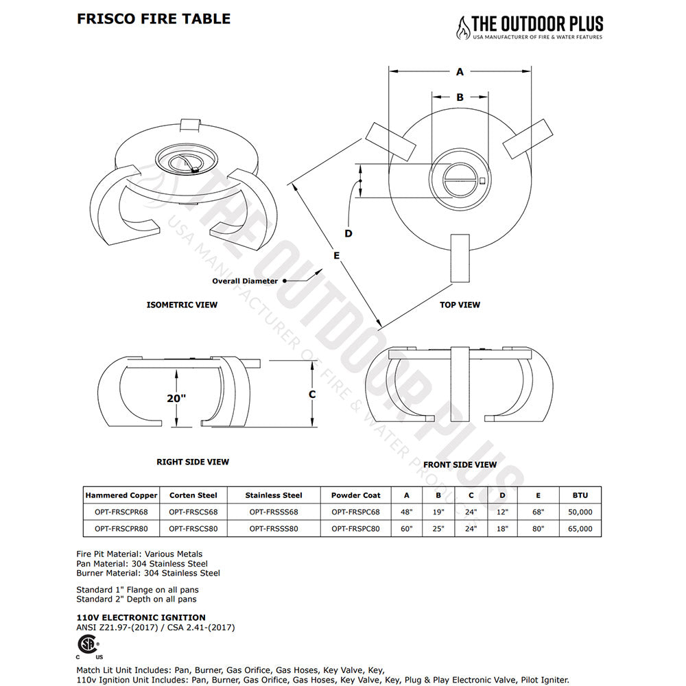 Fire table technical diagram showing top and side views with dimensions