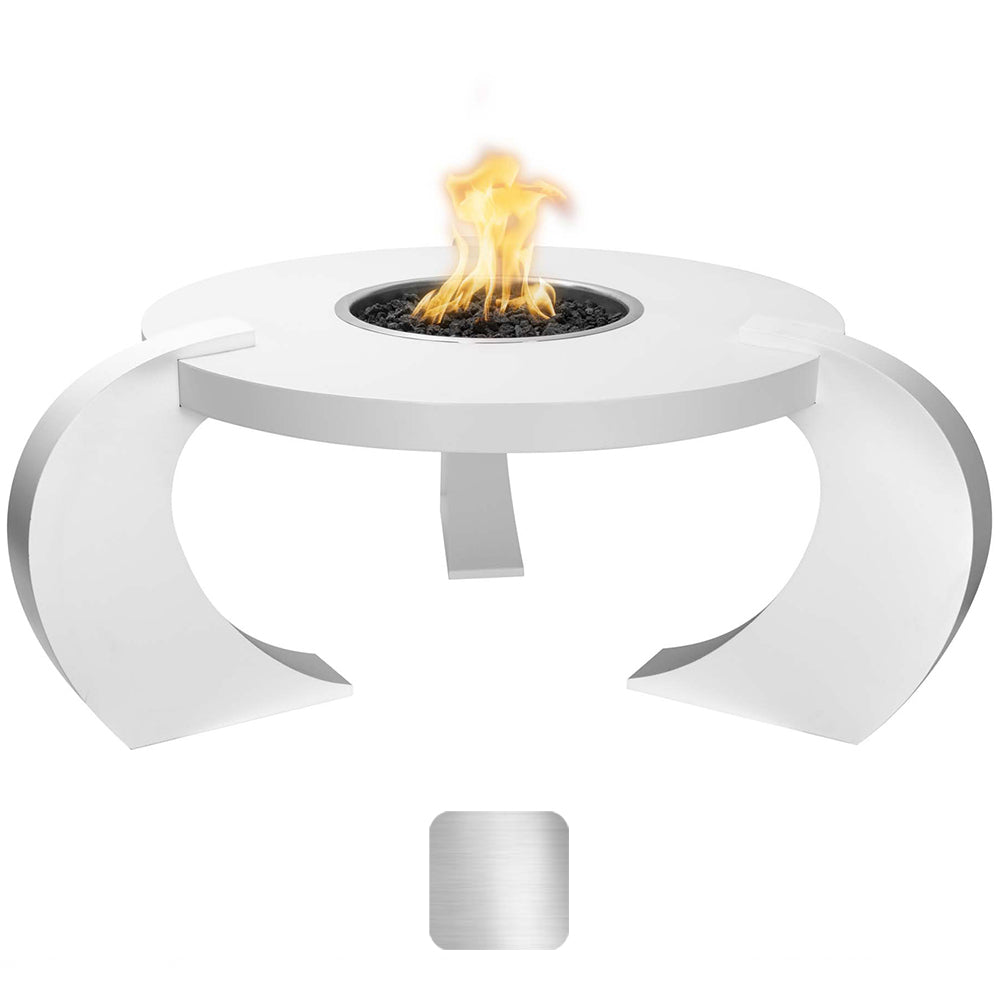 Stainless steel match light gas fire table with central burner and visible flames
