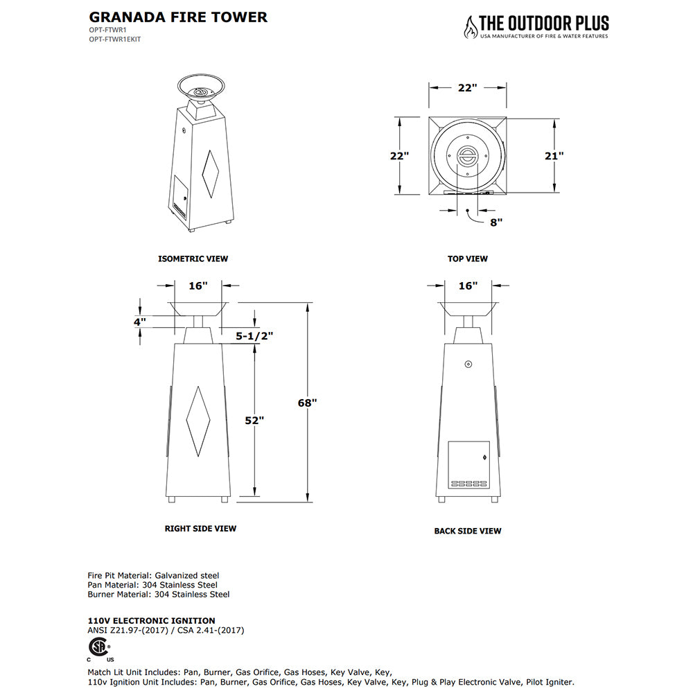 Granada fire tower technical diagram with front, side, and back dimensions