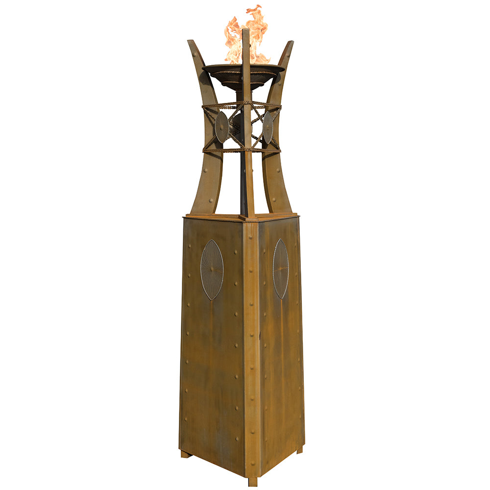 Corten steel fire tower with vertical panels and burning flame emerging from top