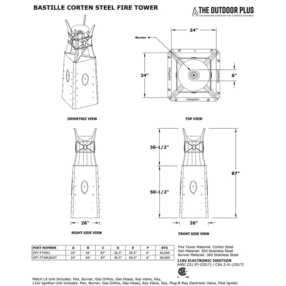Corten steel fire tower technical line drawing with front side and top dimensions