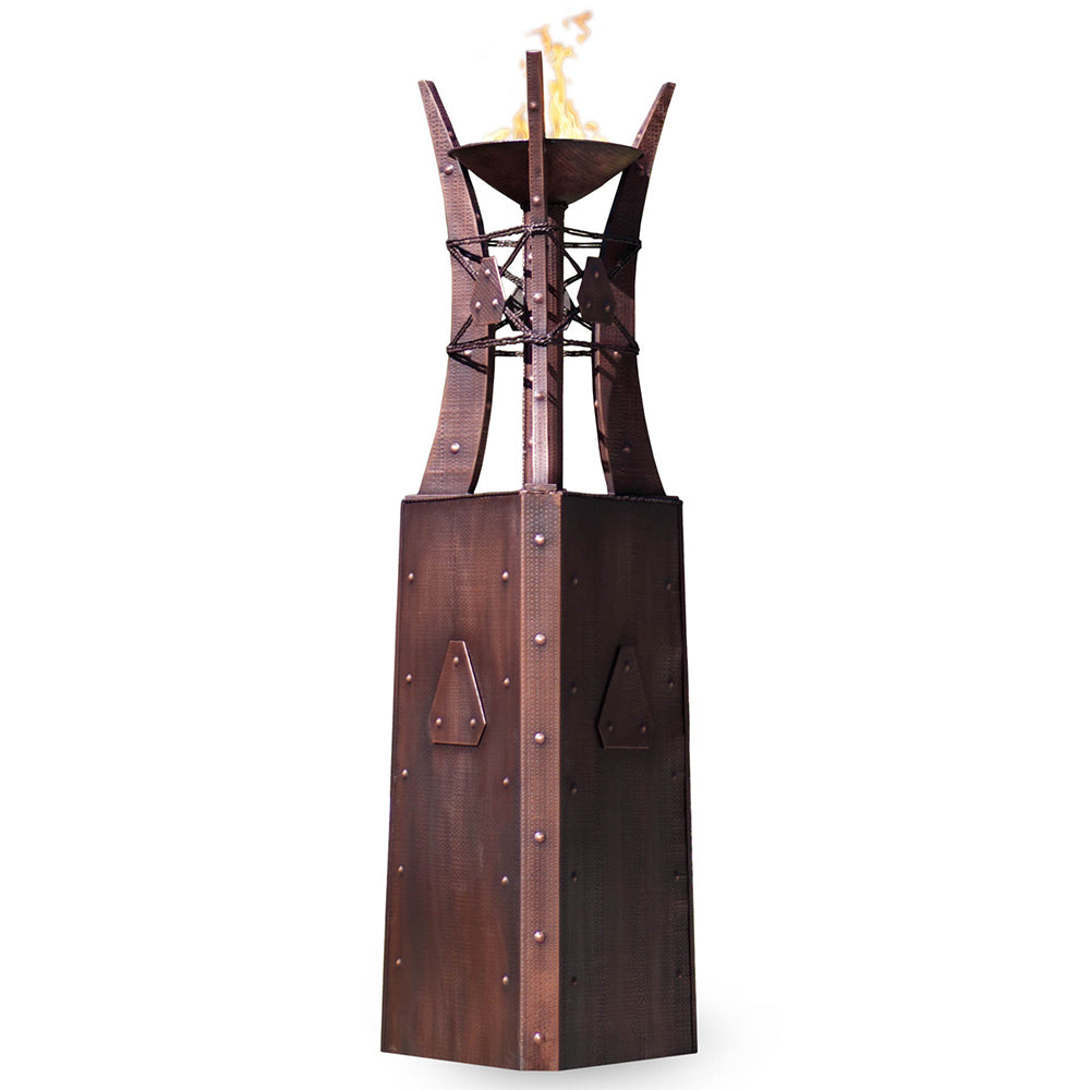 Copper fire tower with spark screen panels and tall flame column