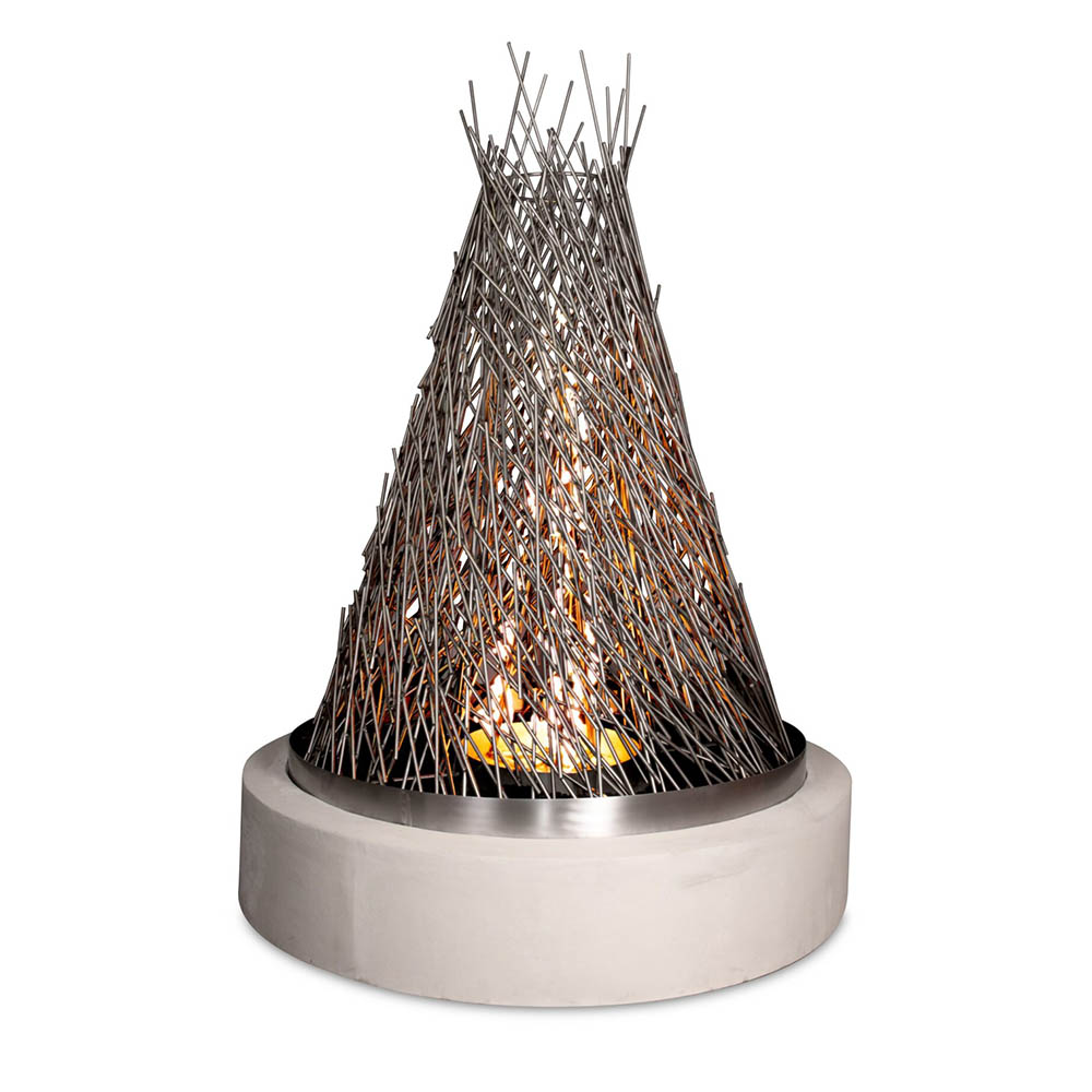 Round concrete gas fire tower with steel mesh flame column and glowing burner