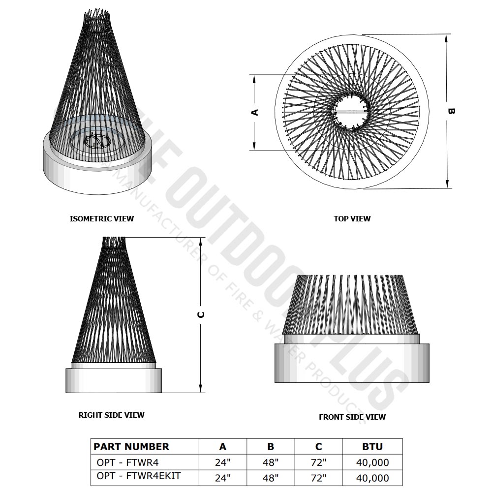 Gas fire tower diagram with top, front and side views plus dimensions