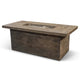 Wood-grain fire pit table with dark concrete-style finish and square burner opening